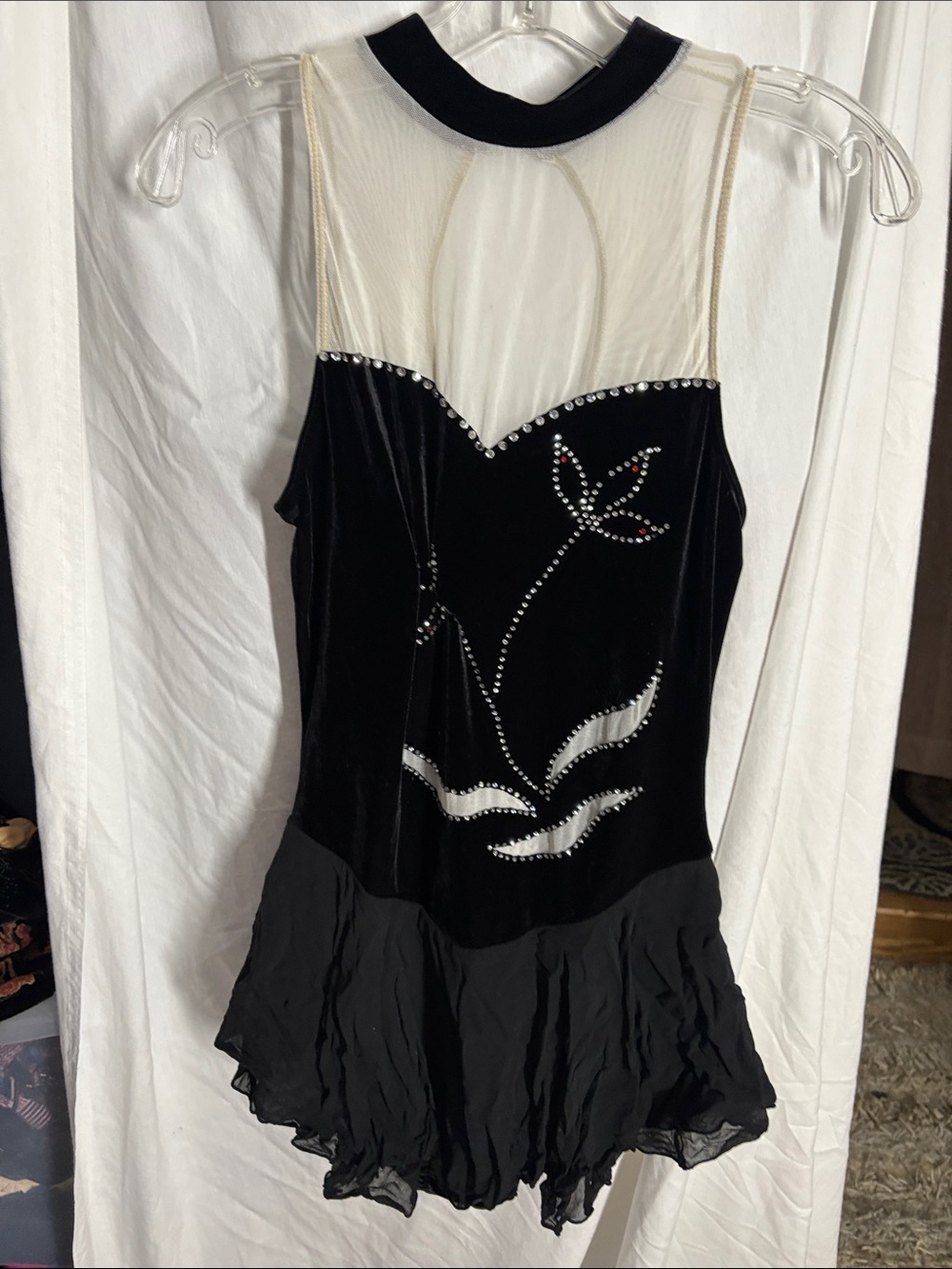 Black Velvet & Mesh Dance Leotard with Rhinestone Detail